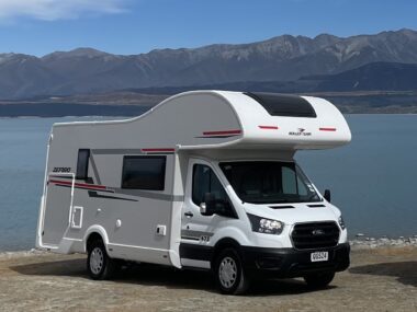 SpringLight motorhome beside a South Island lake on a campervan trip from Christchurch