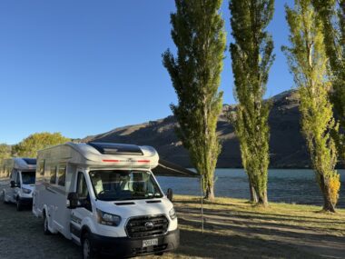SpringLight motorhome parked beside Lake Dunstan near Cromwell on a New Zealand motorhome trip