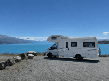 SpringLight motorhome beside a lake in the Mackenzie Country on a 4 week South Island itinerary from Christchurch