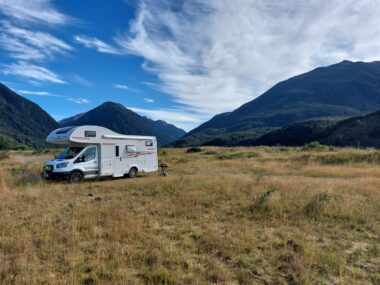 SpringLight motorhome in a South Island mountain valley on a 6 week itinerary from Christchurch