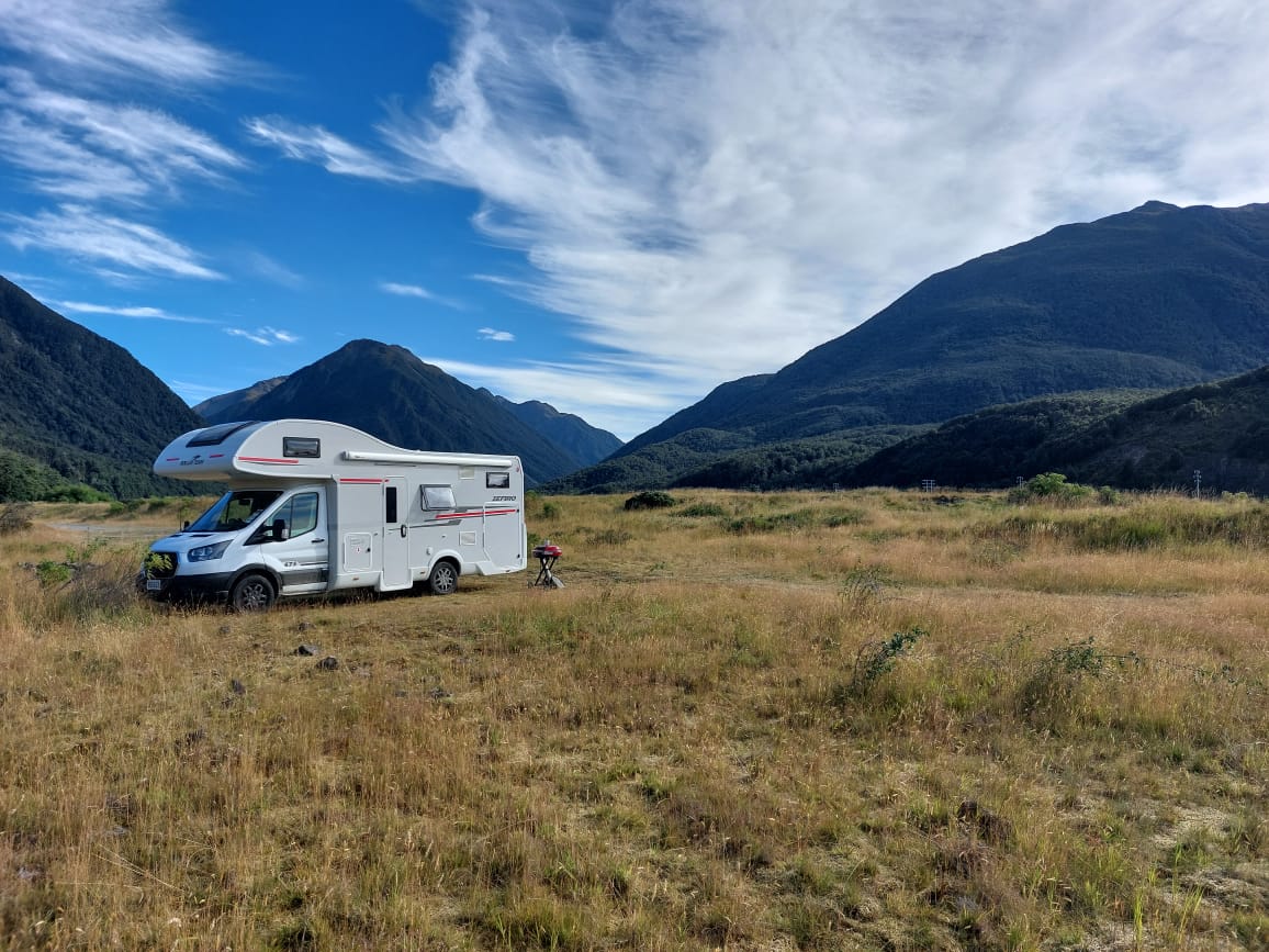 SpringLight motorhome in a South Island mountain valley on a 6 week itinerary from Christchurch