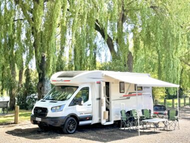 SpringLight motorhome set up with awning for South Island motorhome hire from Christchurch